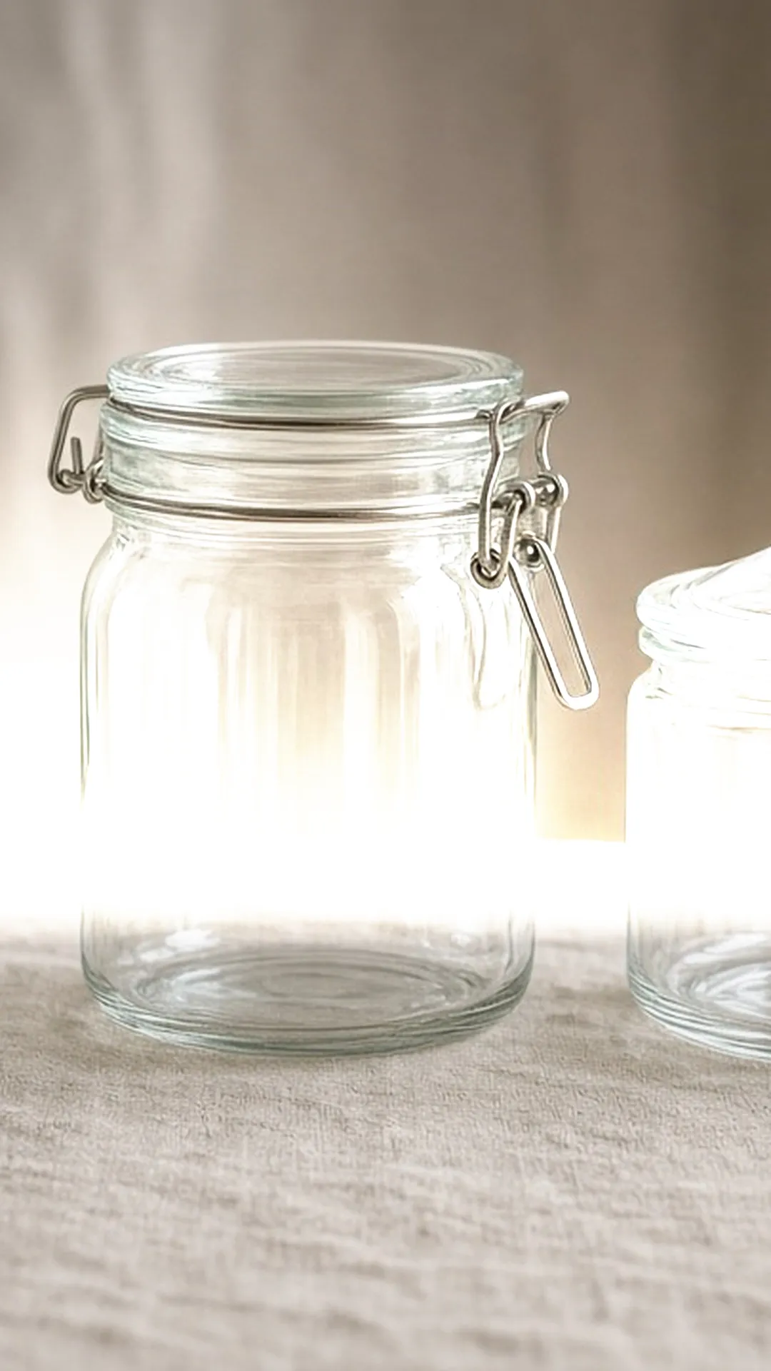 Three glass containers with different lids in a row