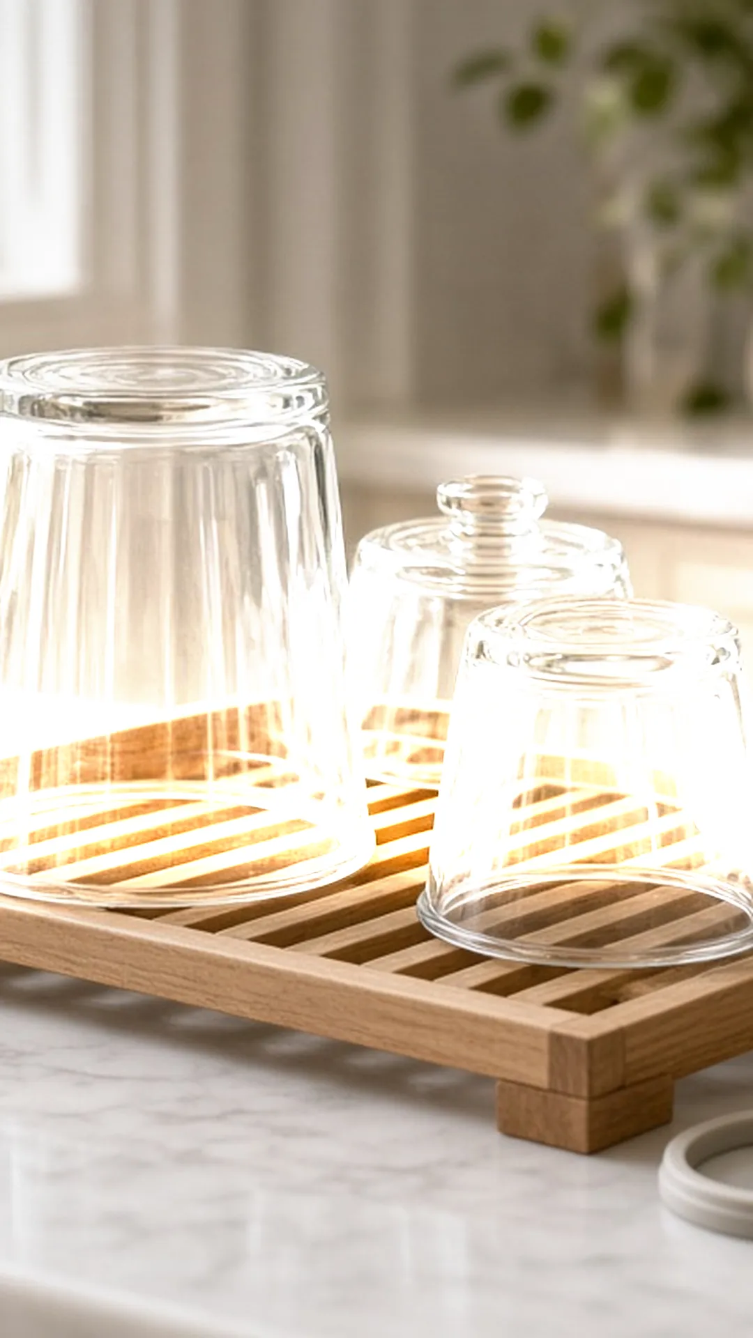 Clean glass containers and gaskets drying on a wooden rack