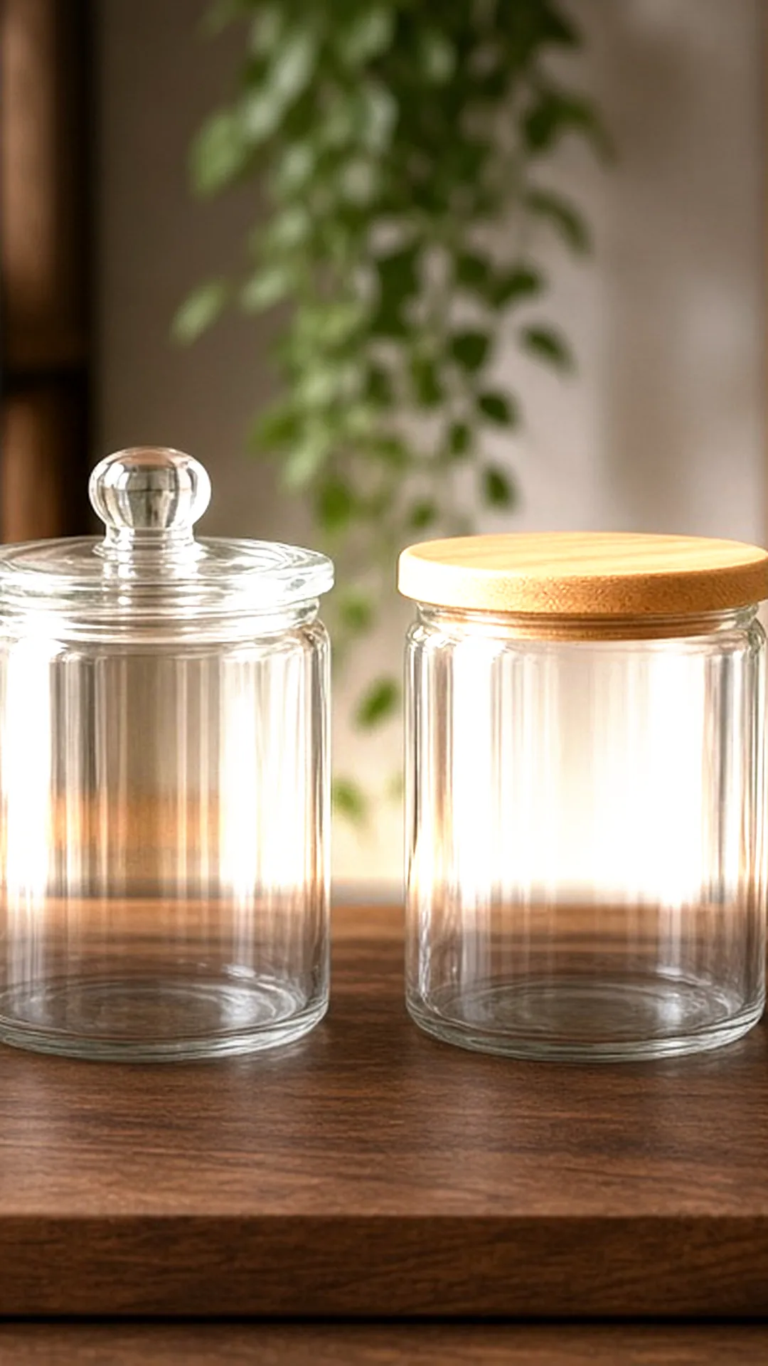 Glass containers with four kinds of lids on a wooden board