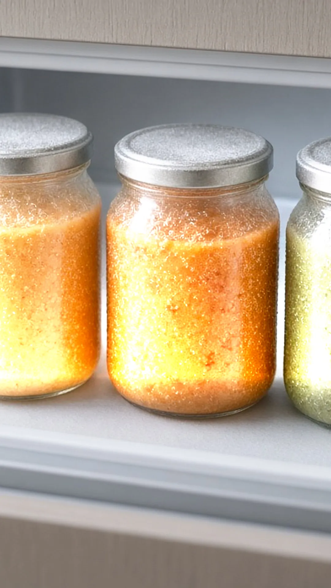 Glass jars of soup with space at the top in a freezer drawer
