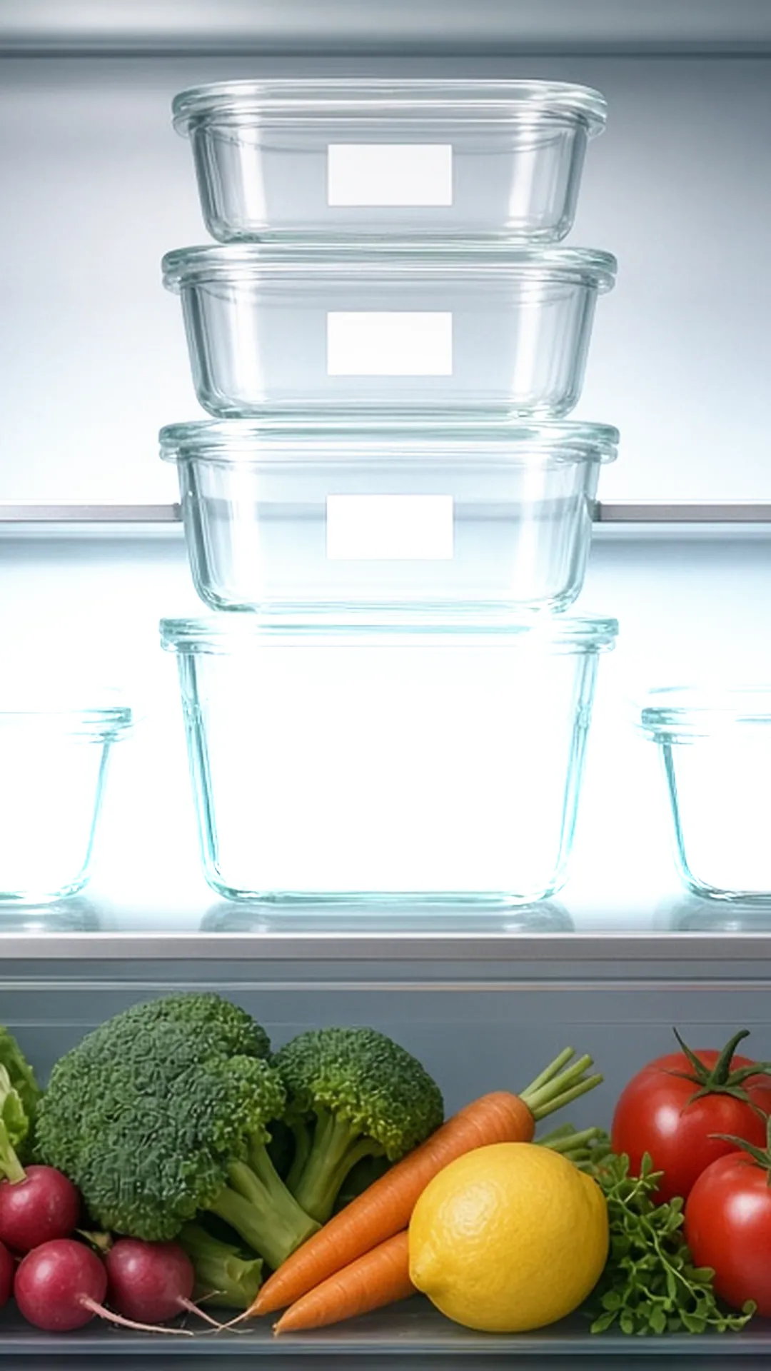 Fridge shelves with glass containers stacked and labeled