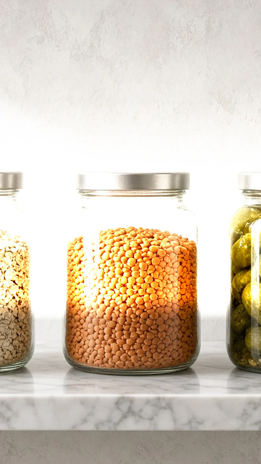 Glass jars of oats, lentils, and pickles on a marble shelf