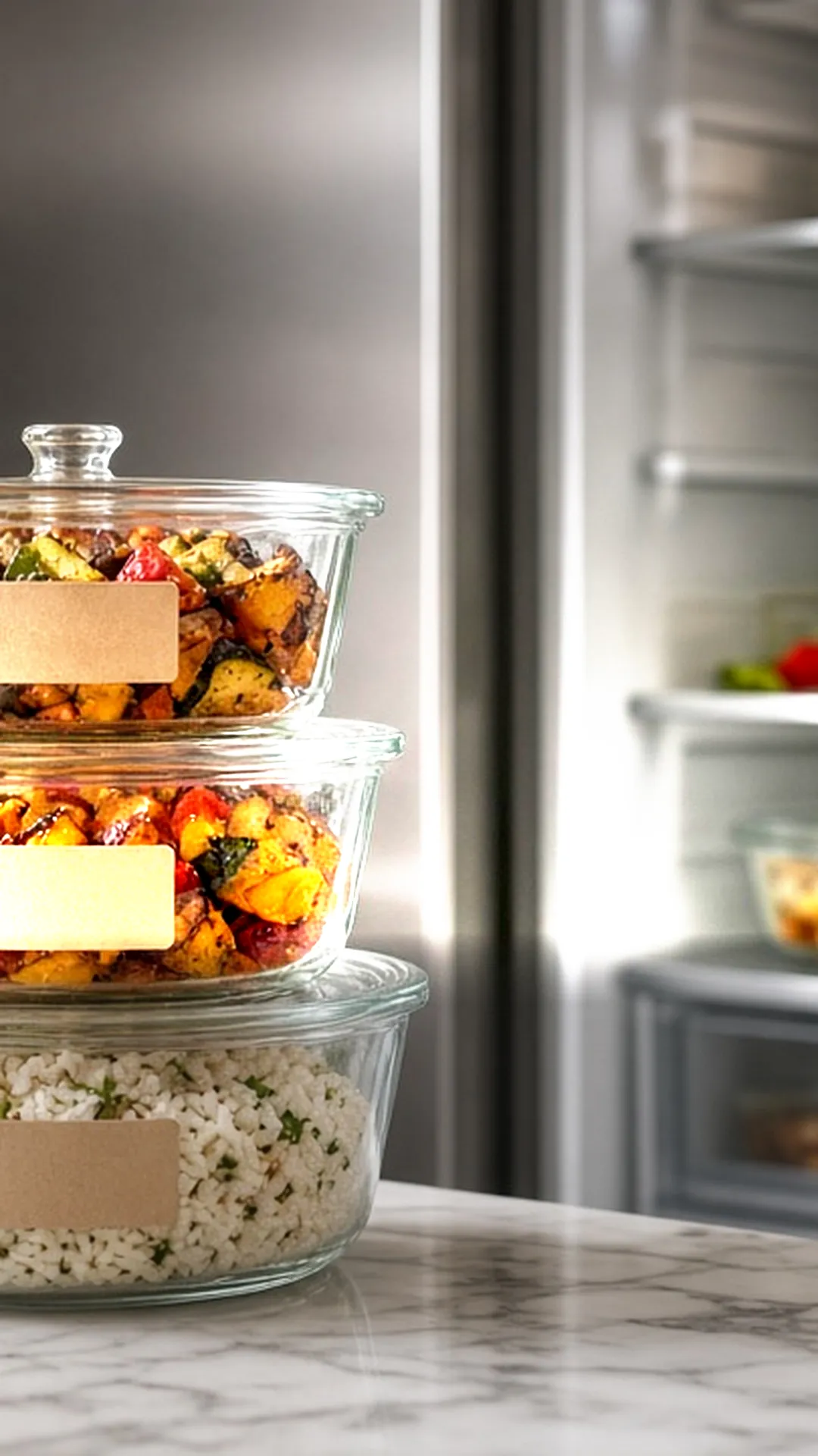 Dated glass containers of leftovers ready for the fridge