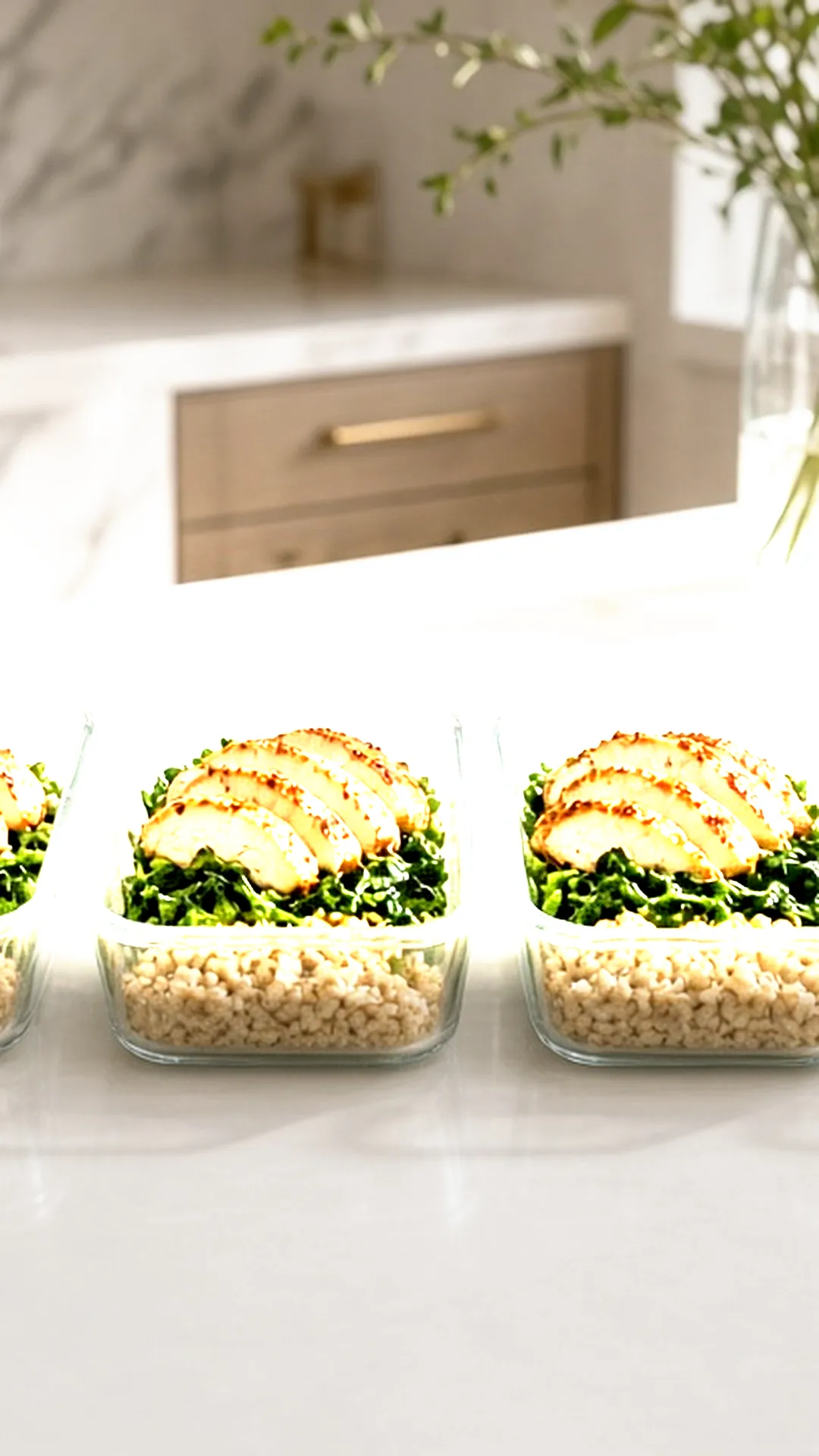 Row of glass meal prep containers with portioned meals