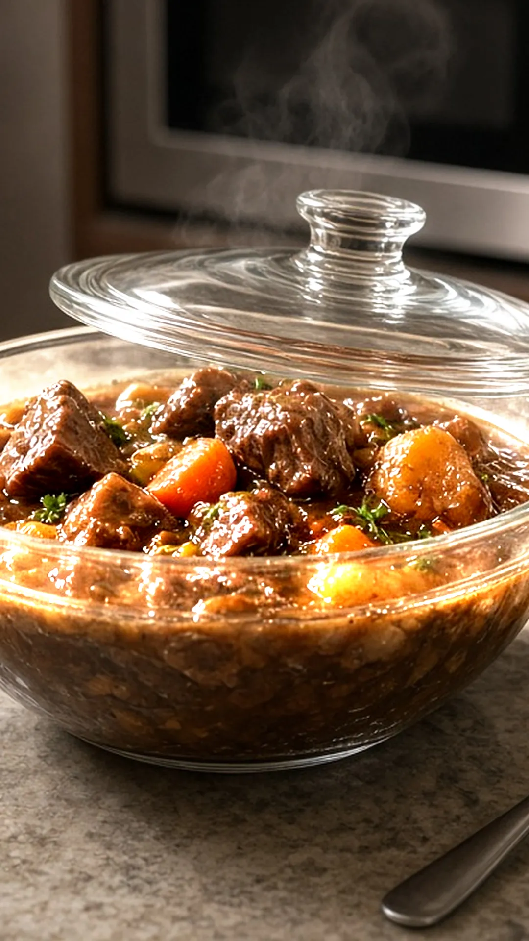 Glass bowl of stew with a vented lid and a food thermometer