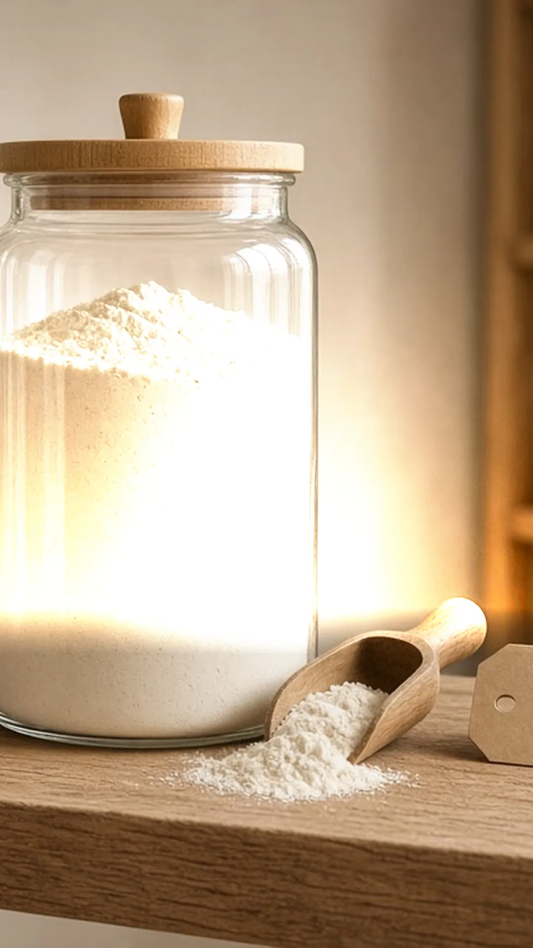 Flour being stored in a tall glass canister in a pantry