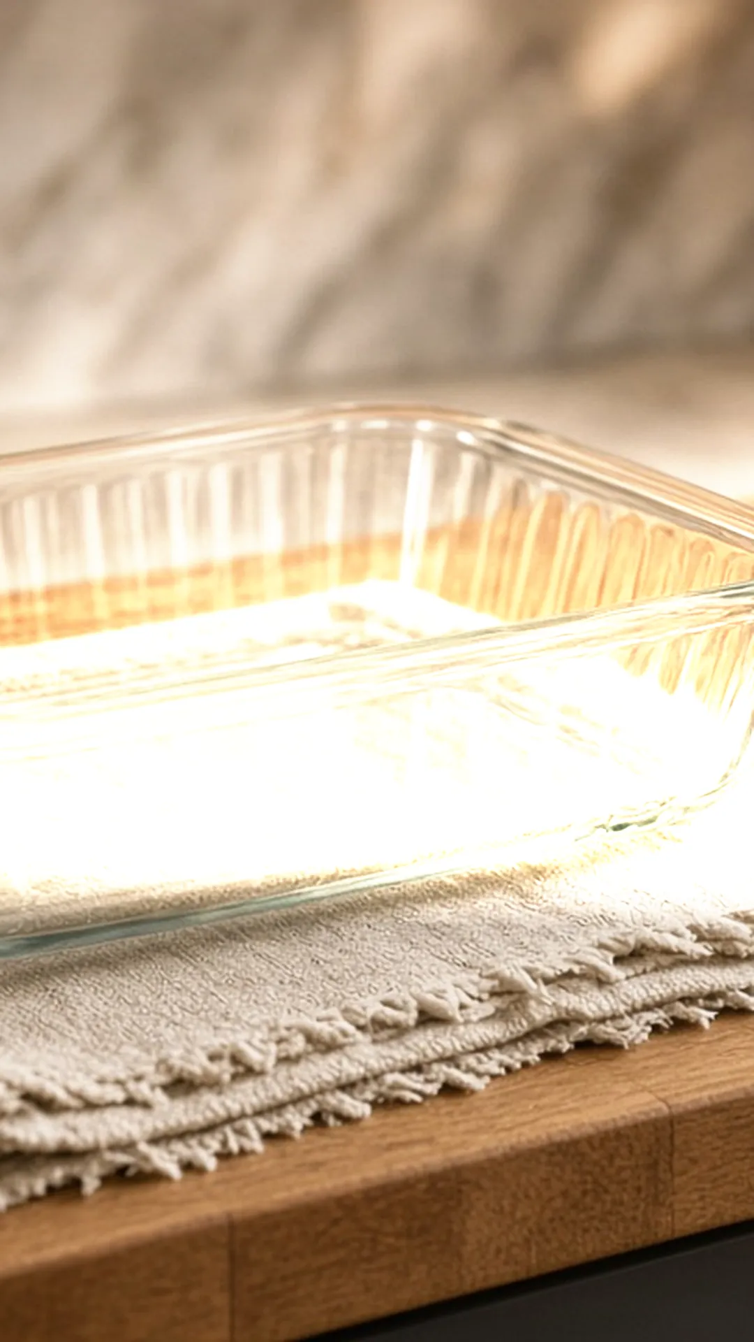 Glass baking dish resting on a dry folded towel