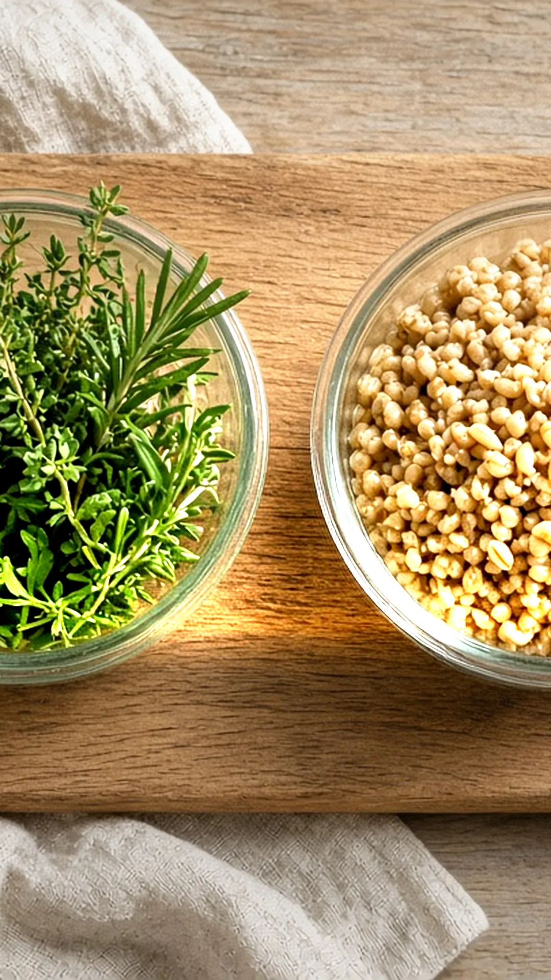 Glass containers of herbs and grains on an oak board