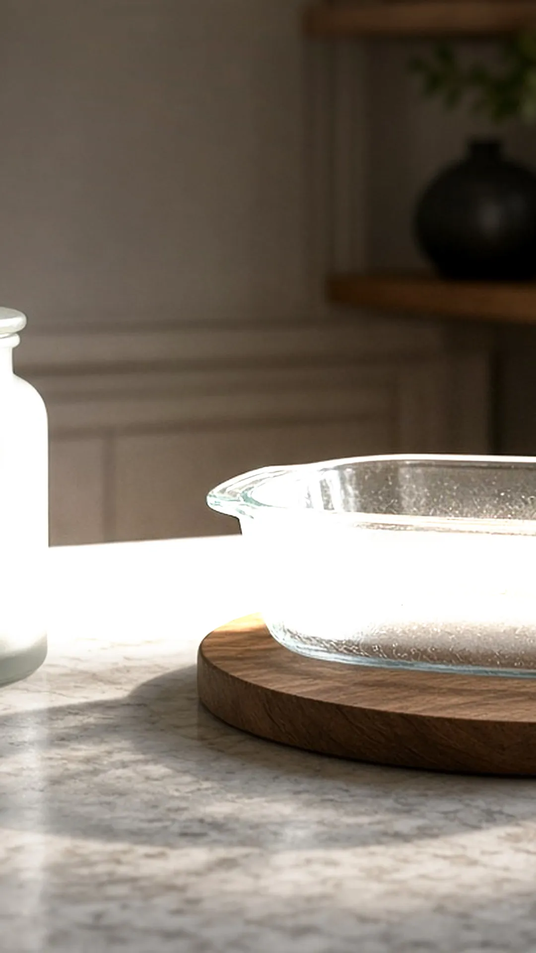 A frosted glass jar and a cooled glass dish on a counter