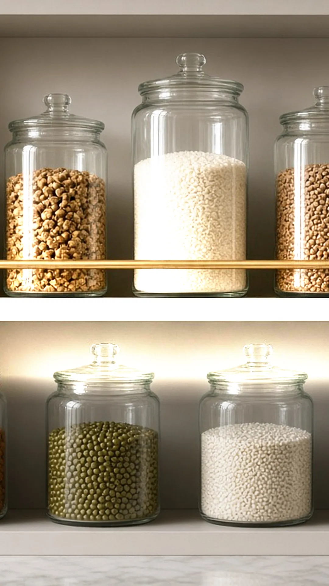 Open kitchen shelf with matching glass canisters and jars