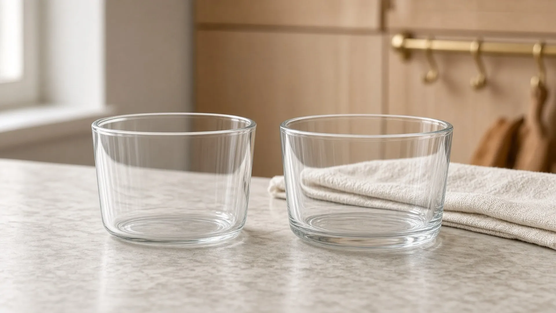 Two clear glass food containers side by side on a marble counter