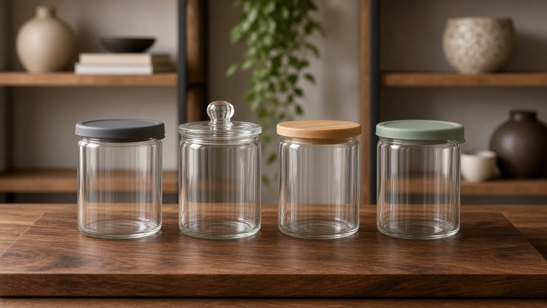 Glass containers with four kinds of lids on a wooden board