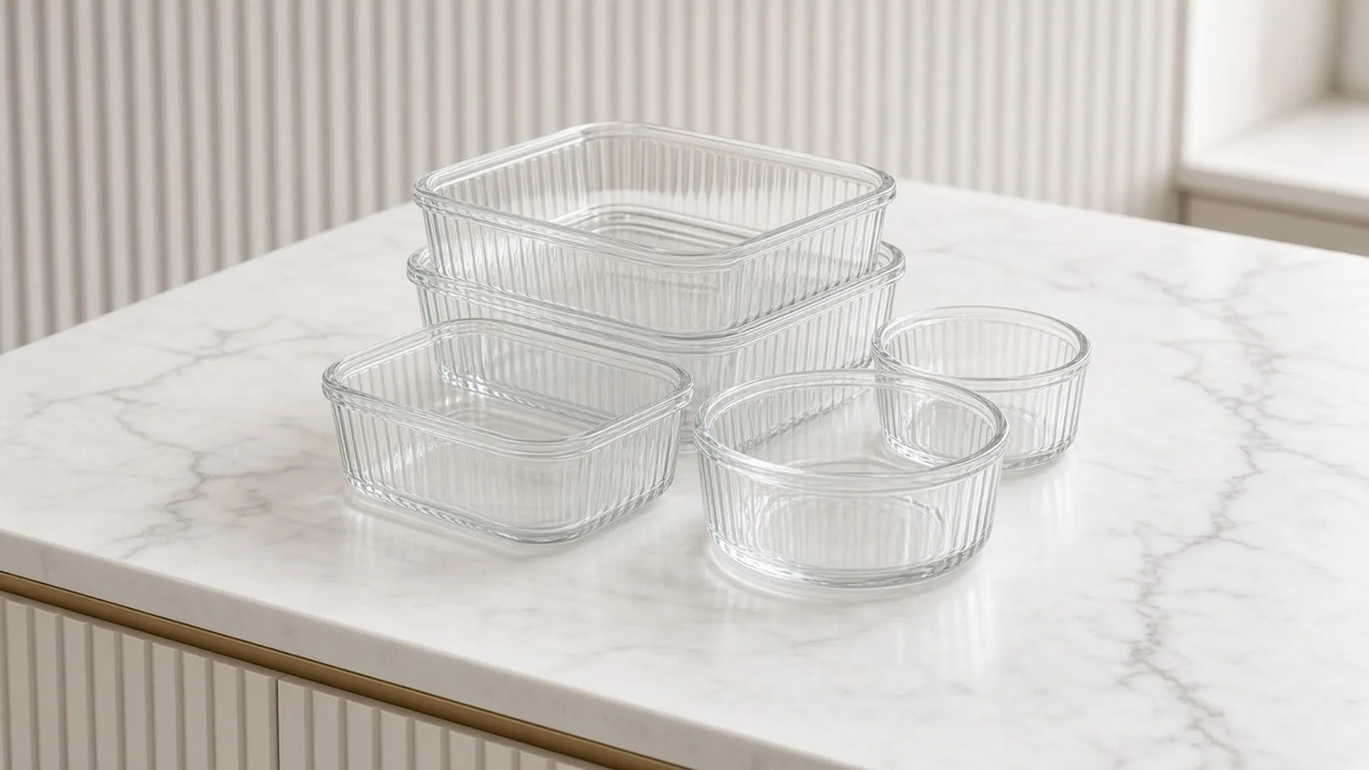 Stacked glass containers in rectangular, square, and round shapes