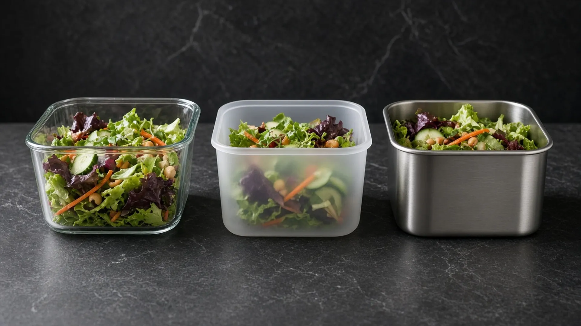 Glass, plastic, and stainless steel containers holding the same salad