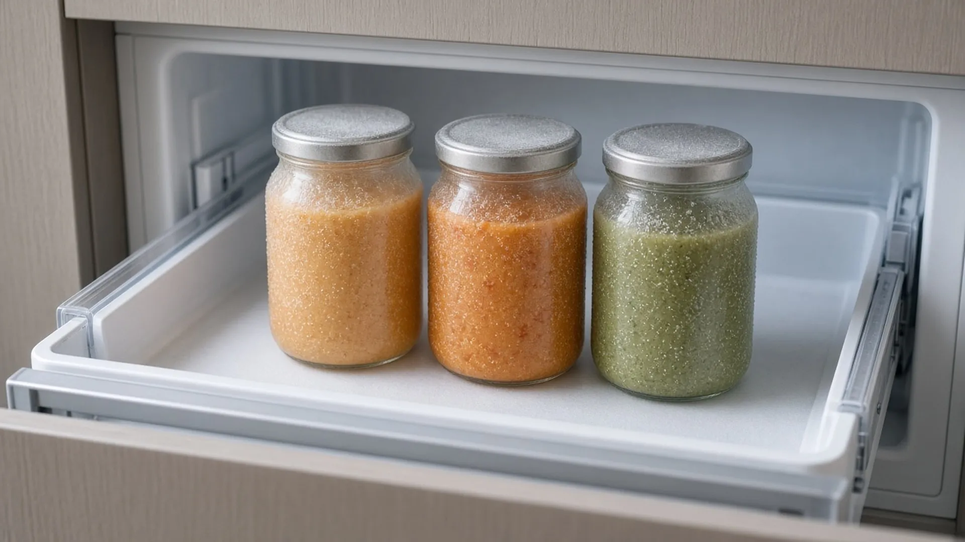 Glass jars of soup with space at the top in a freezer drawer