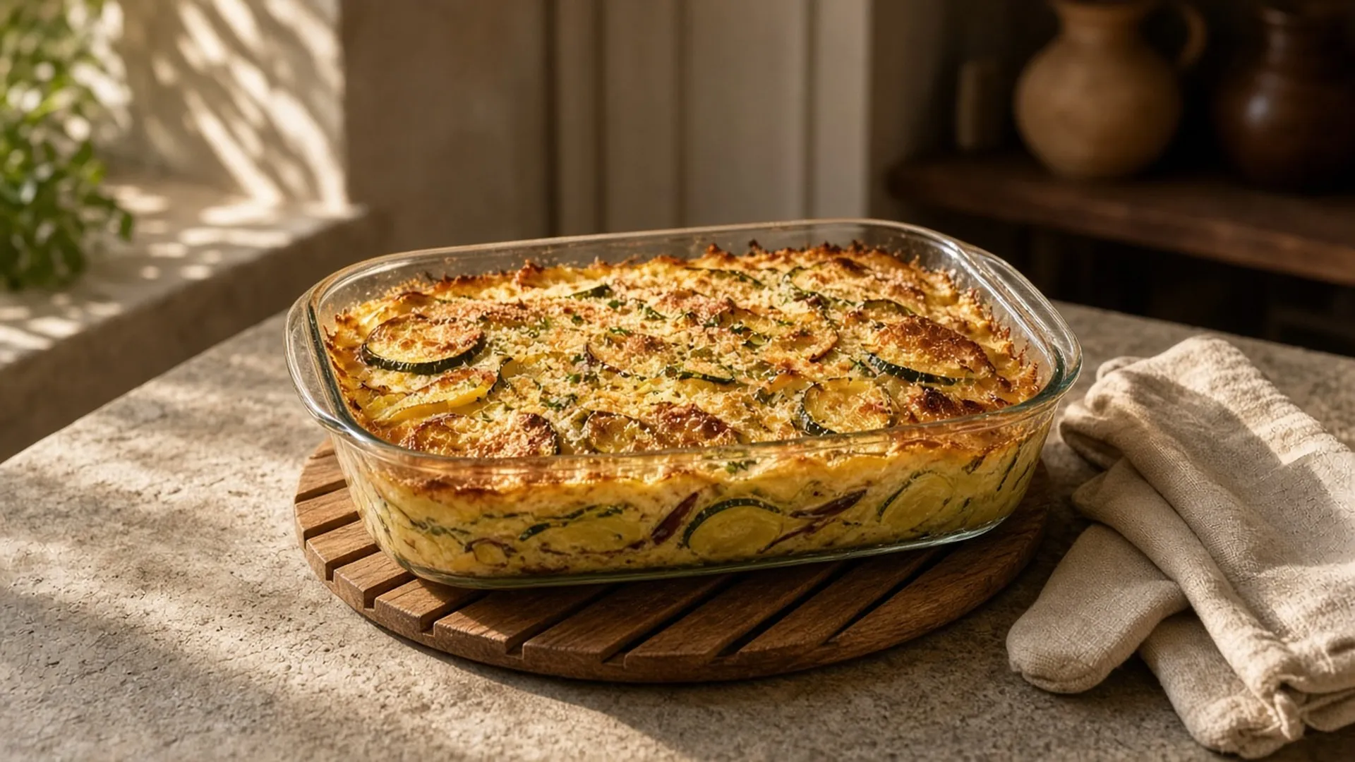 Baked dish in a glass container cooling on a dry wooden trivet