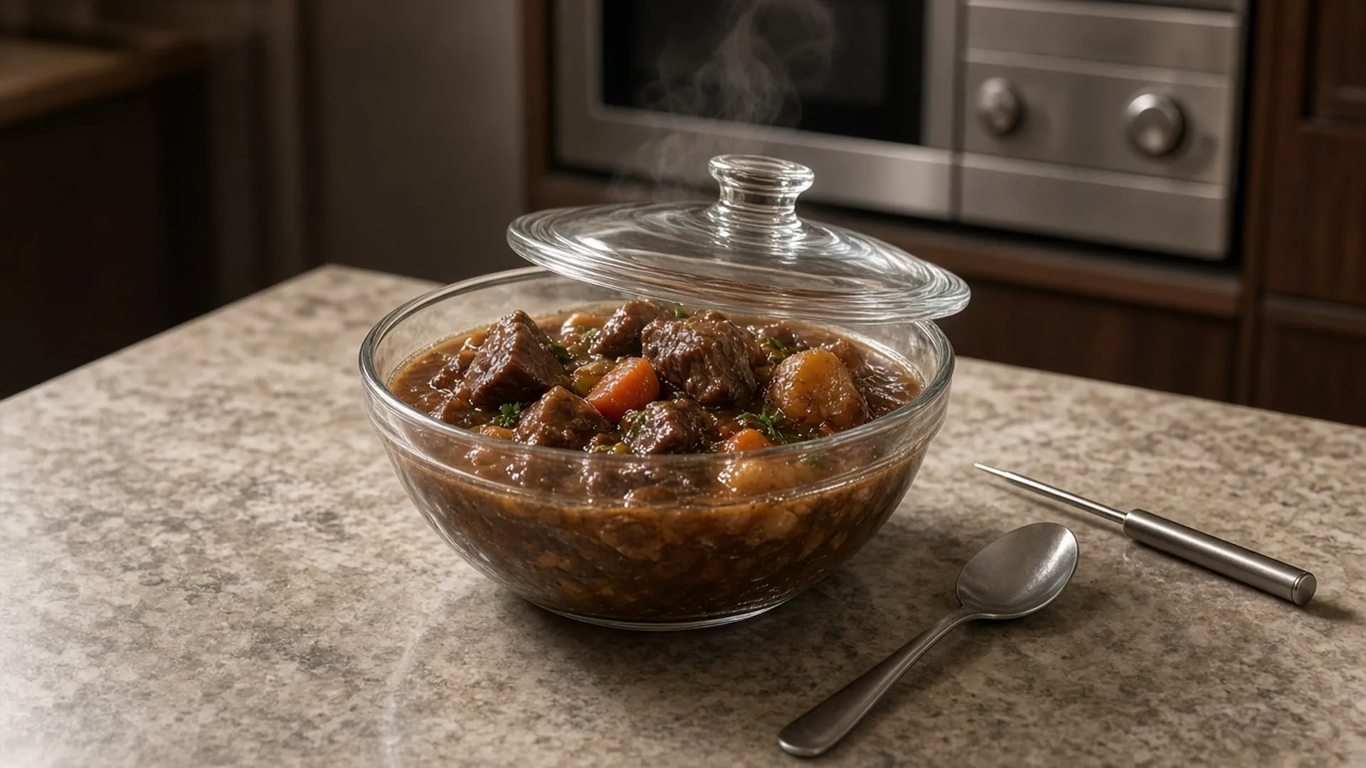 Glass bowl of stew with a vented lid and a food thermometer