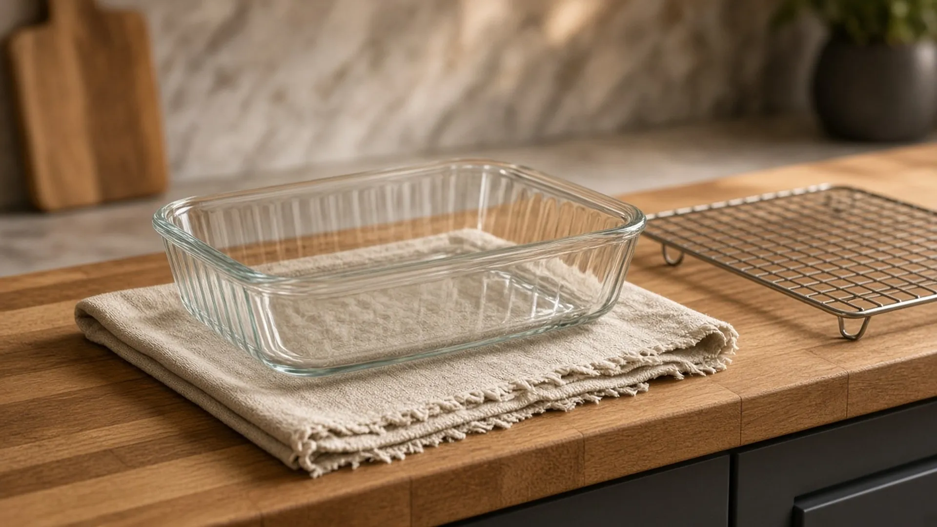 Glass baking dish resting on a dry folded towel
