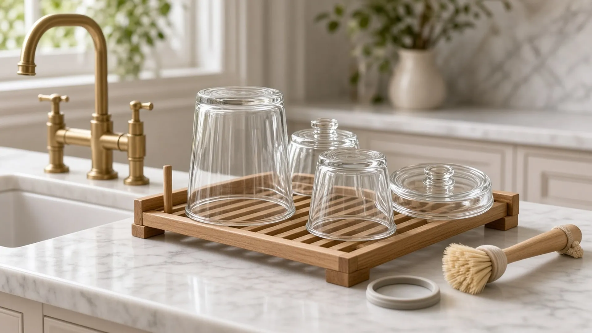 Clean glass containers and gaskets drying on a wooden rack