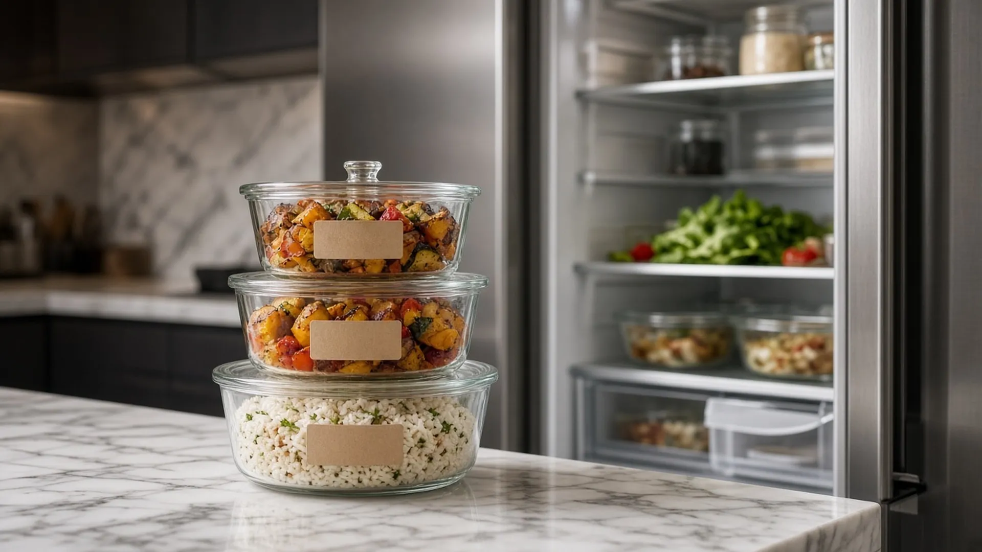 Dated glass containers of leftovers ready for the fridge