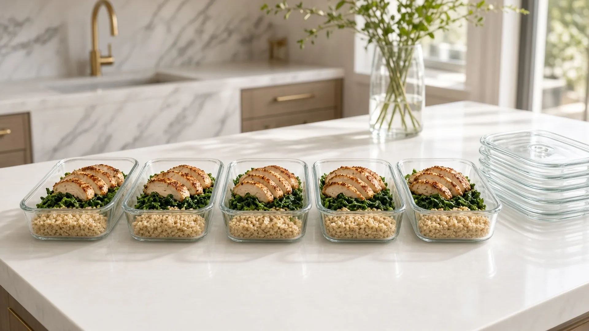 Row of glass meal prep containers with portioned meals