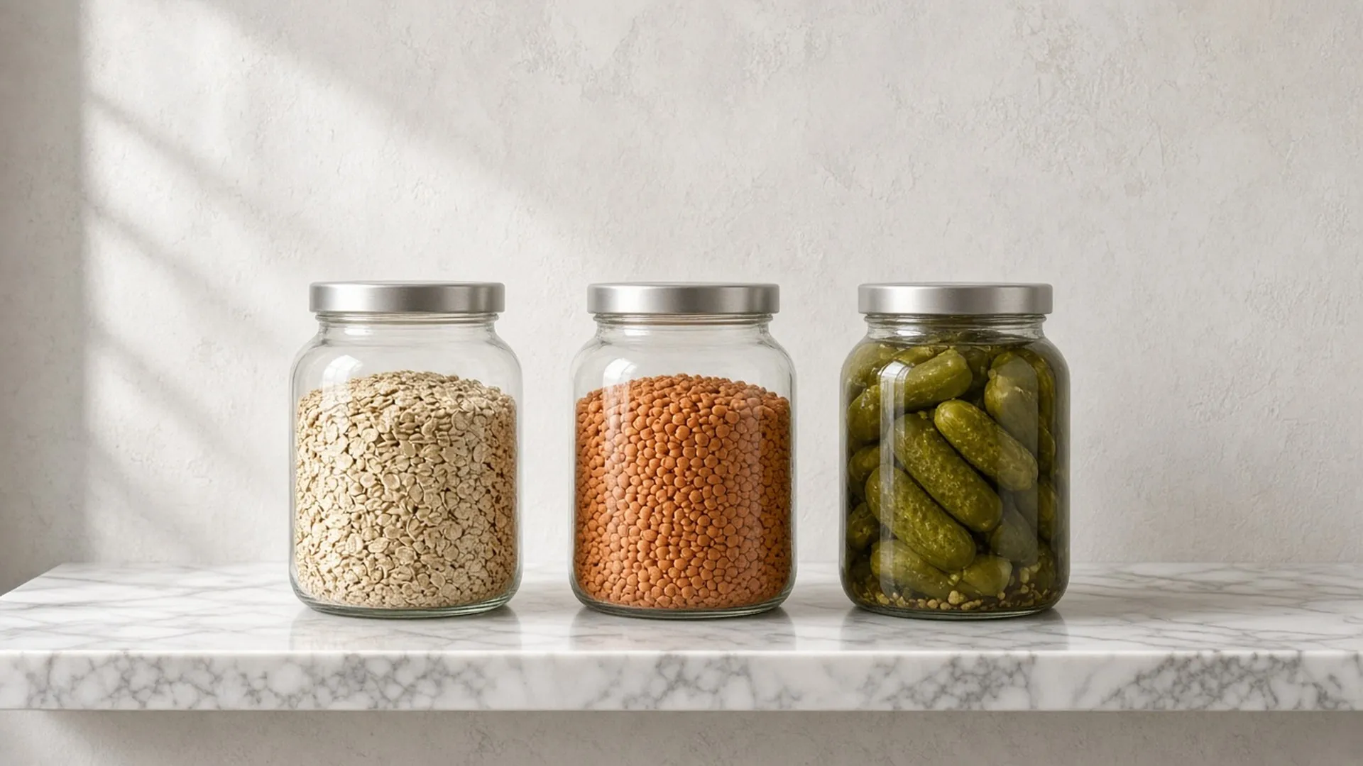 Glass jars of oats, lentils, and pickles on a marble shelf