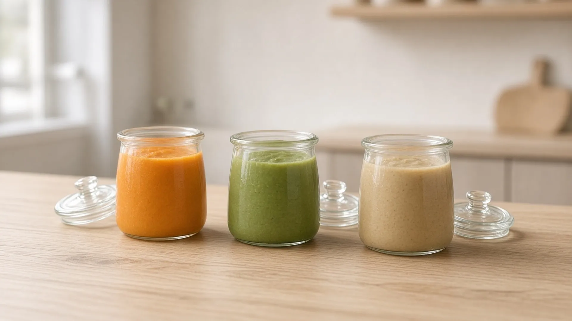 Small glass containers of vegetable purees with date labels