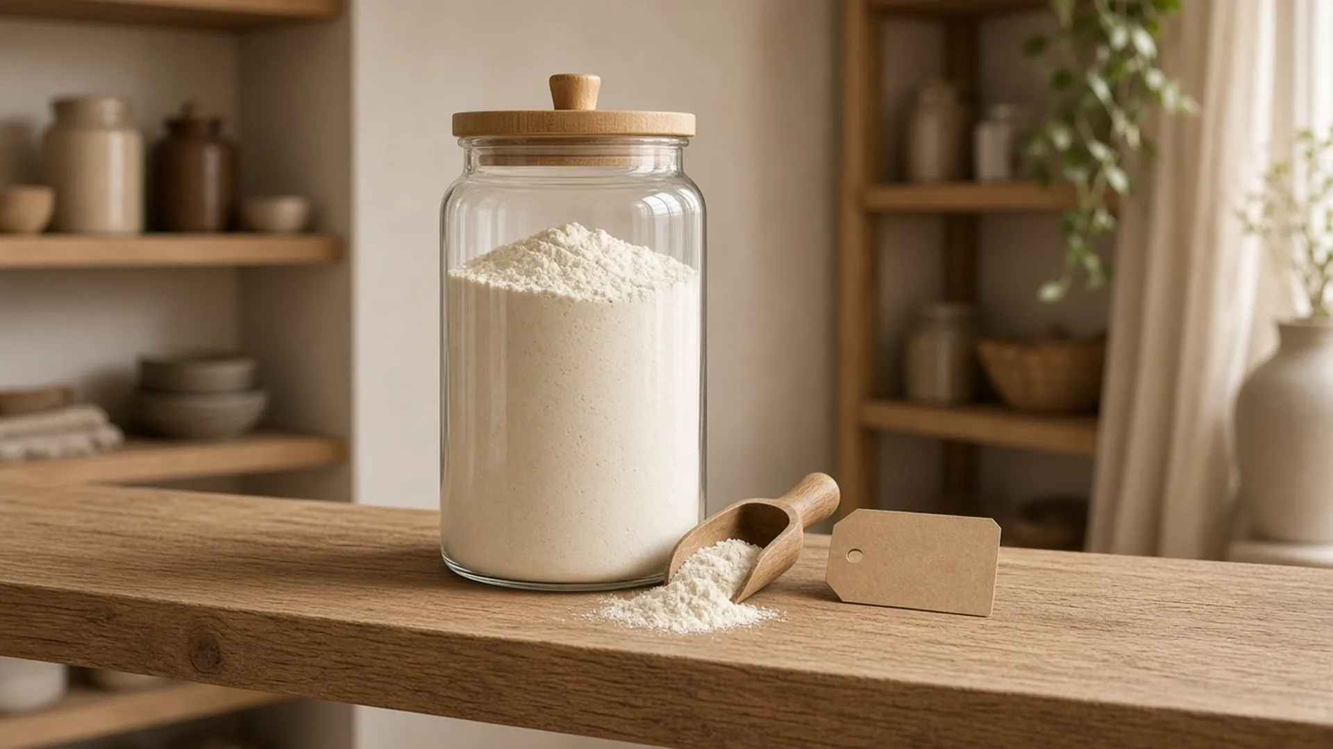 Flour being stored in a tall glass canister in a pantry