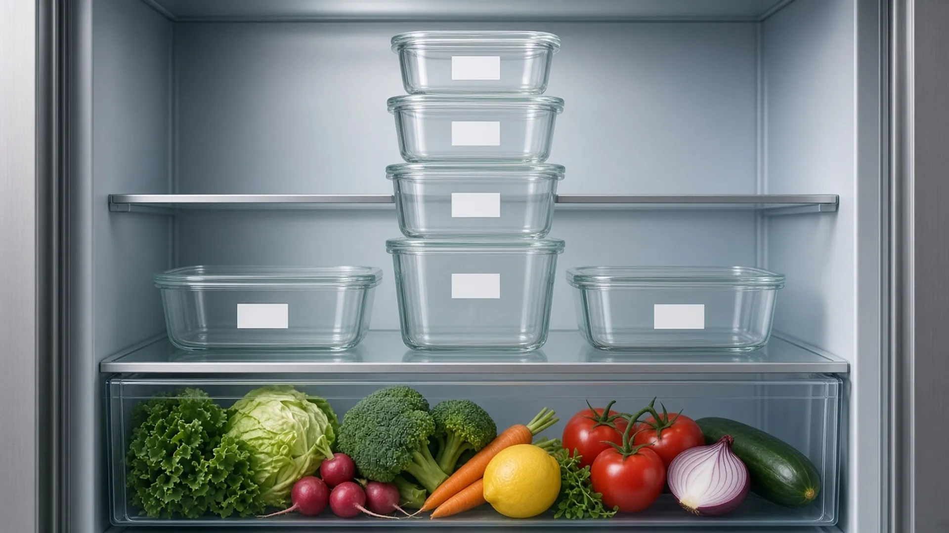 Fridge shelves with glass containers stacked and labeled