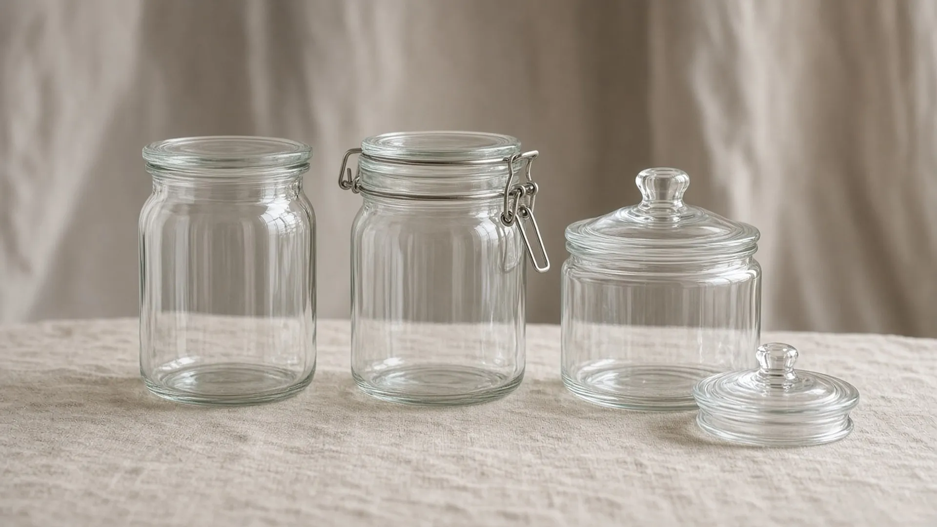Three glass containers with different lids in a row
