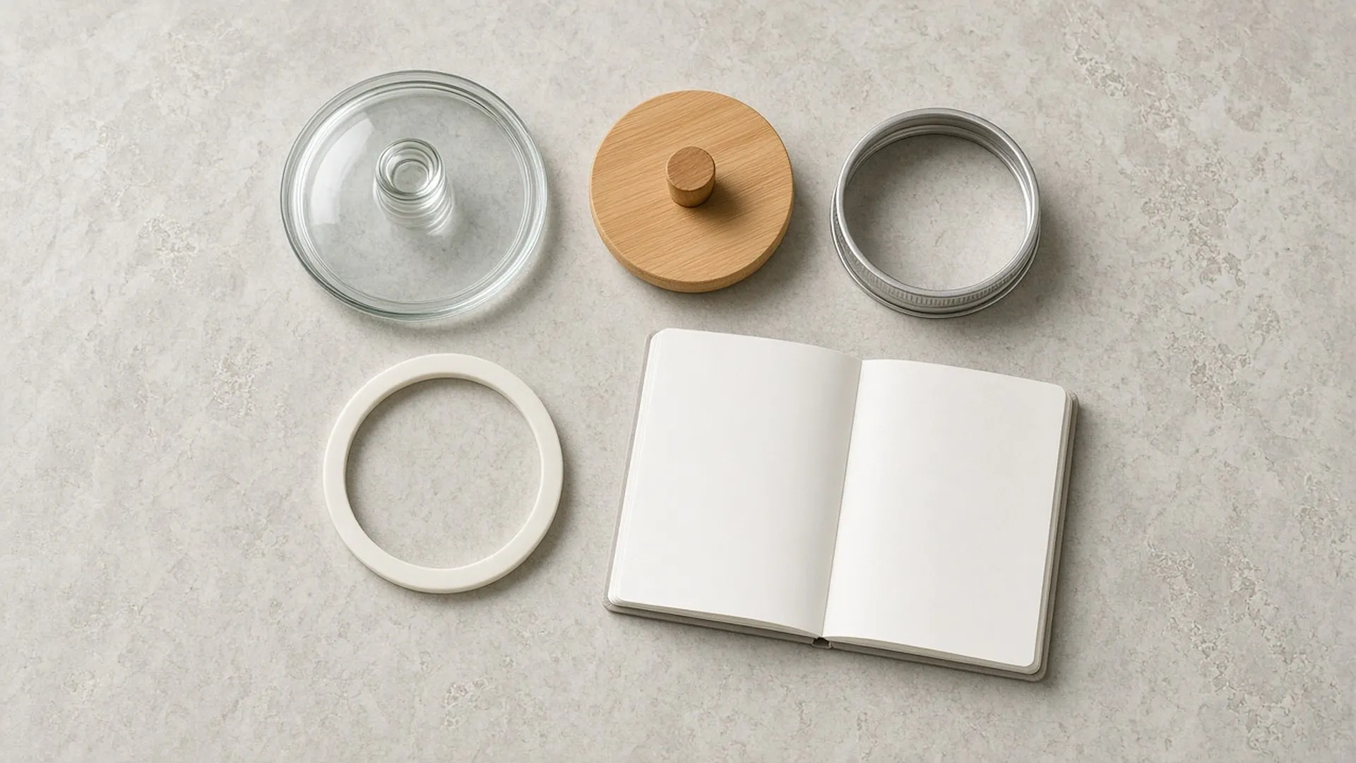 Glass container parts laid out with a notebook