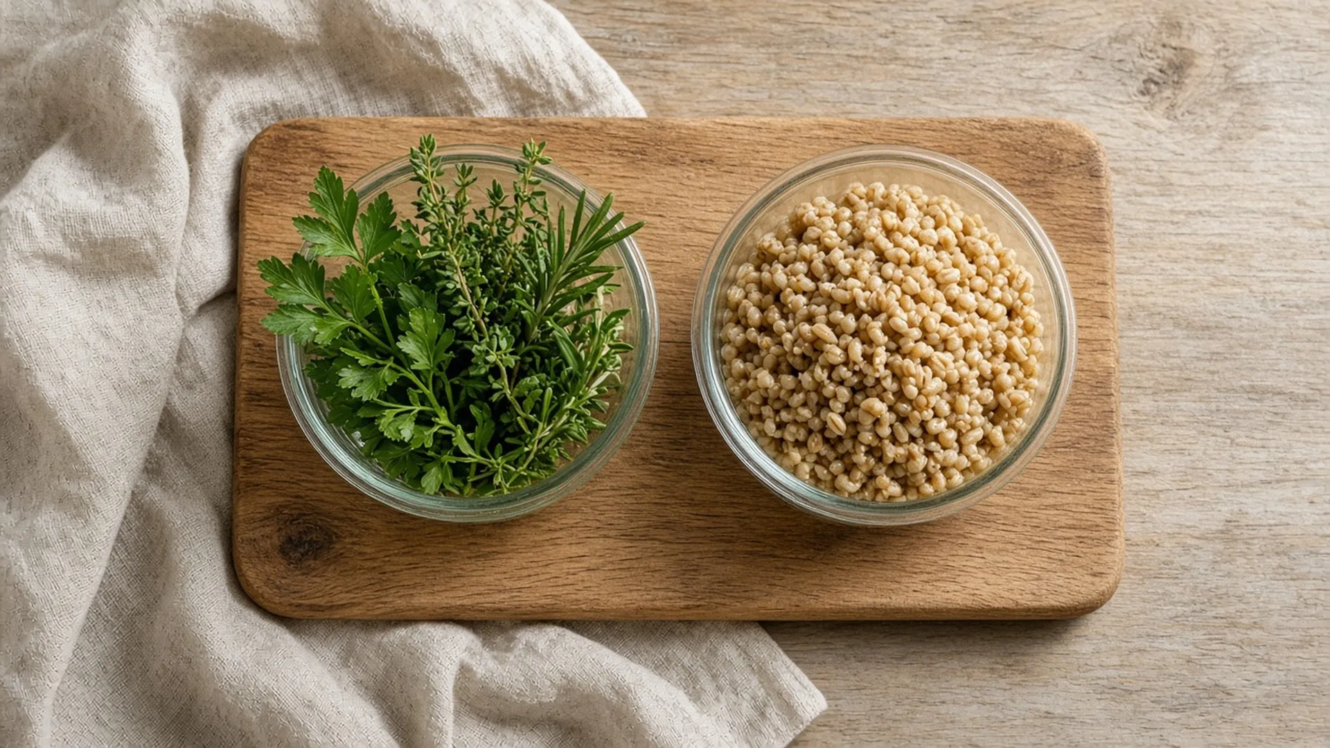 Glass containers of herbs and grains on an oak board