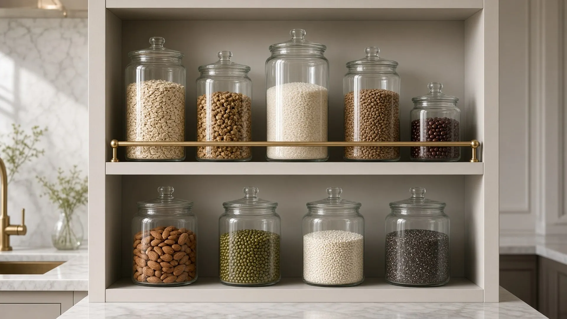 Open kitchen shelf with matching glass canisters and jars
