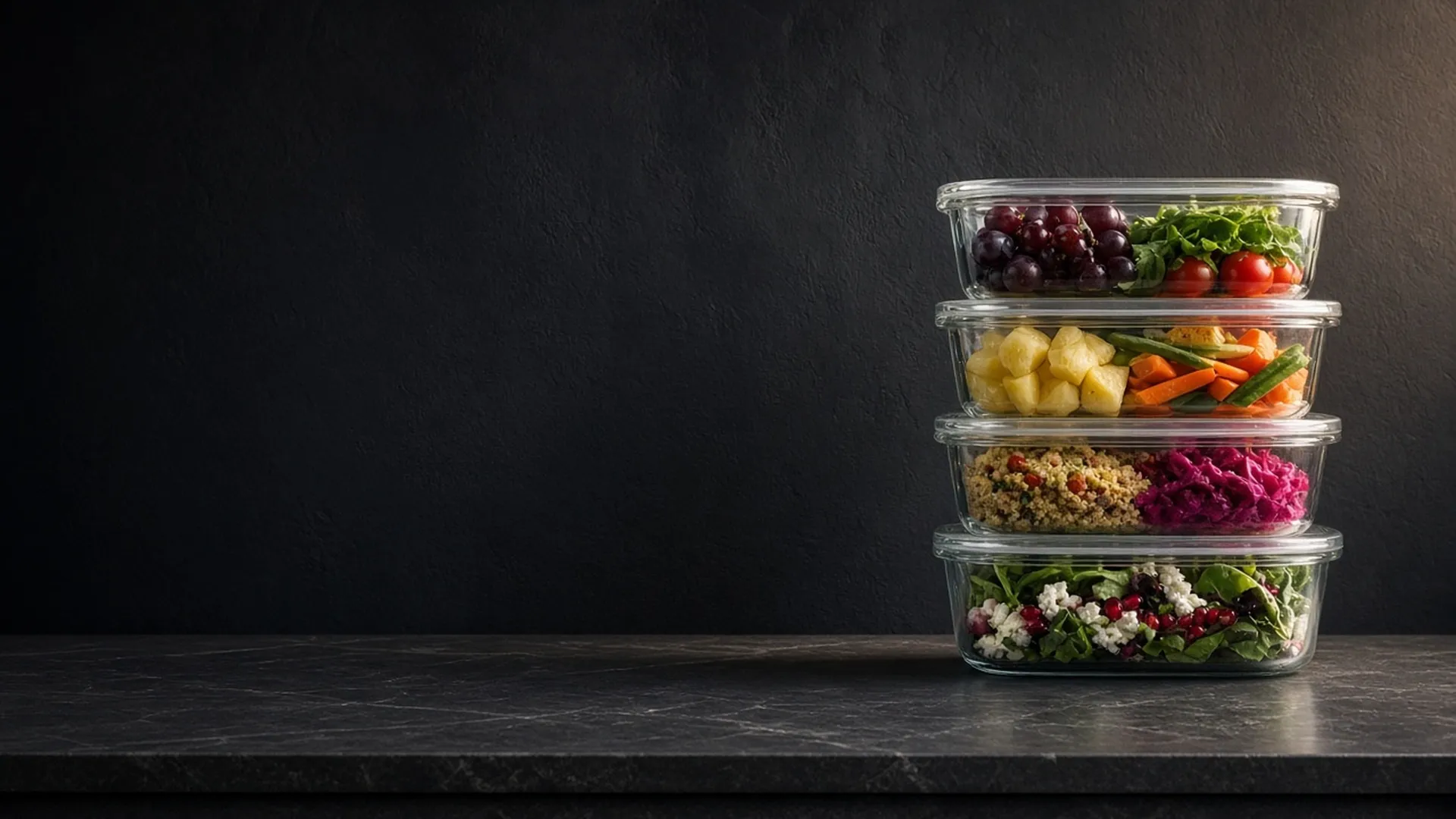 Stacked glass food containers on a dark stone counter